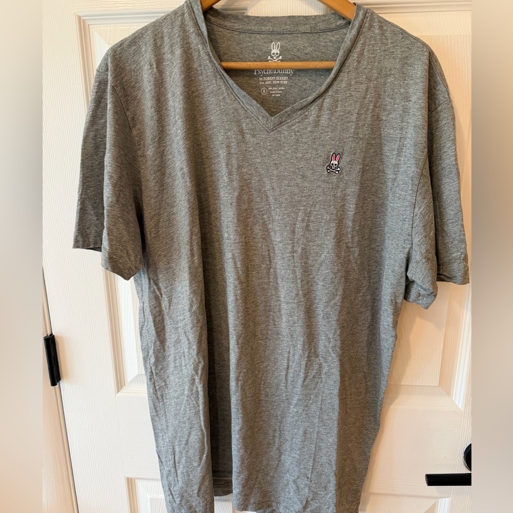 Psycho Bunny Gray V-Neck Men's Tee 100% Pima Cotton